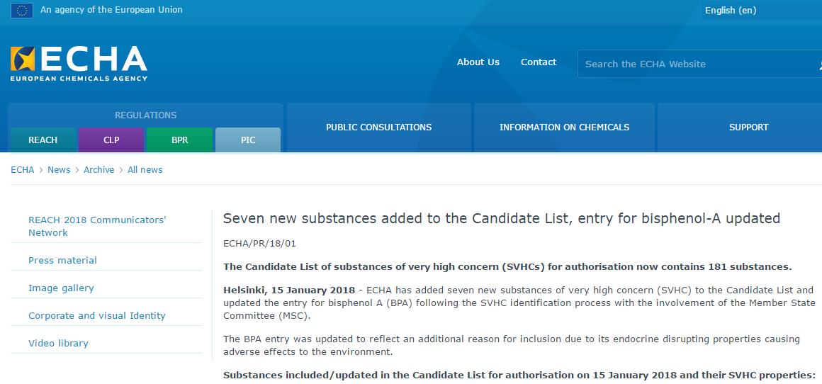 SVHC,清單,物質,ECHA,雙酚A
