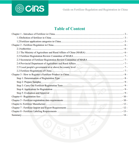 Guide on Fertilizer Registration in China - Table of Content